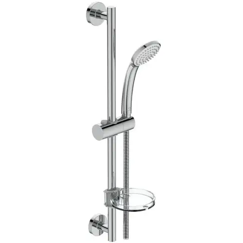Brausekombination von Ideal Standard mit einer Handbrause und Halterung, montiert an einer vertikalen Stange, chromfarben, mit einer Ablagefläche unterhalb der Brause.